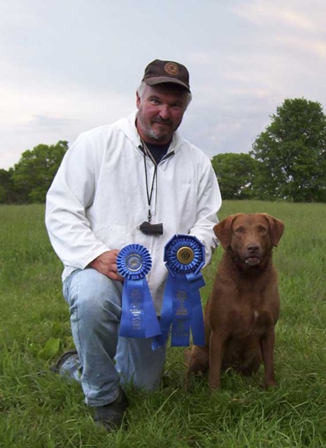 Mike with Lop (AFC Deepwater Colonial Sunfire), another Rudy daughter, after they qualified to run the 2004 National Amateur in Batavia, NY